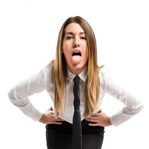 Young girl doing a joke over isolated white background — Stock Photo, Image