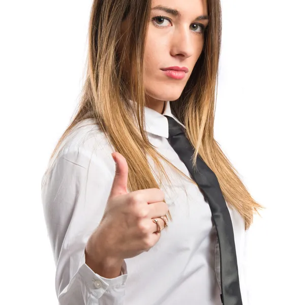 Mujer joven haciendo Ok signo sobre fondo blanco —  Fotos de Stock