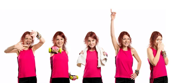 Menina fazendo levantamento de peso sobre fundo branco — Fotografia de Stock