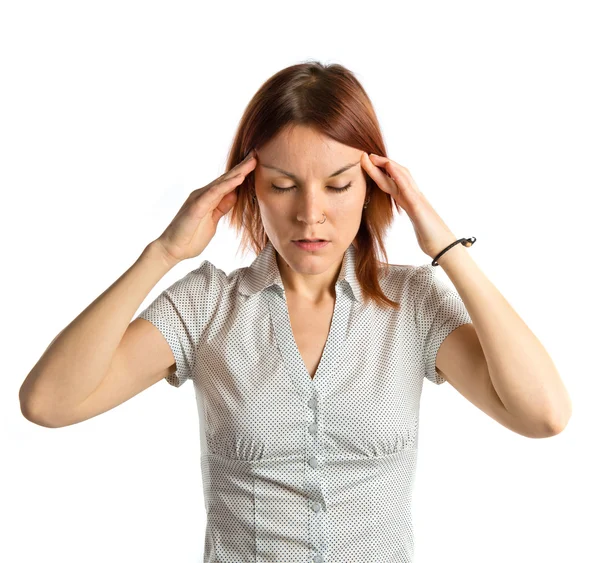 Niedliches Mädchen mit Kopfschmerzen über isolierten weißen Hintergrund — Stockfoto