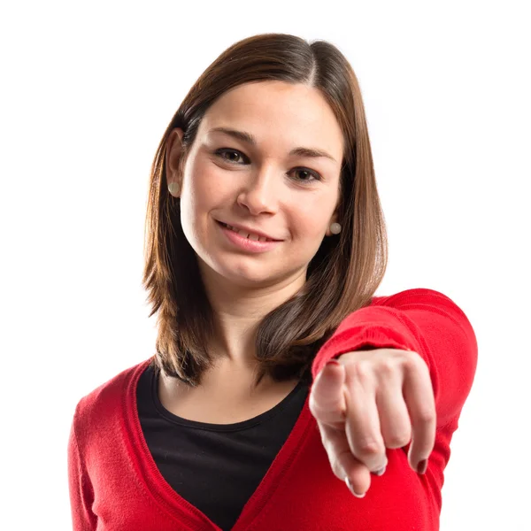 Young pretty woman pointing over white background — Stock Photo, Image
