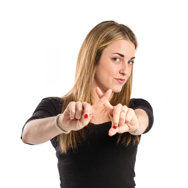 Chica rubia haciendo NO gesto sobre fondo blanco — Foto de Stock