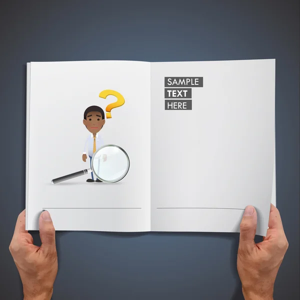 Uomo d'affari con lente d'ingrandimento stampata su libro su sfondo blu — Vettoriale Stock