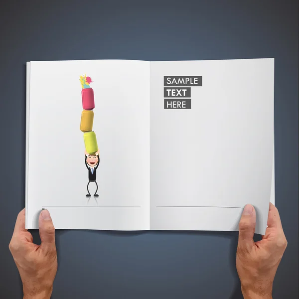 Homme d'affaires tenant plusieurs boîtes imprimées sur le livre — Image vectorielle