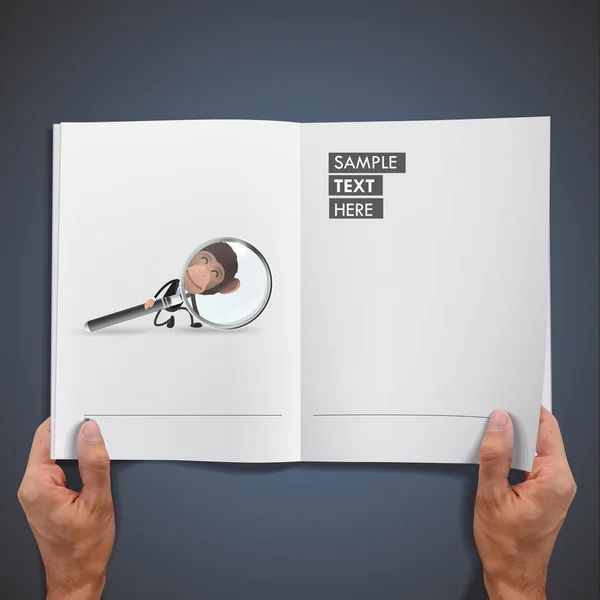 Homme d'affaires avec loupe imprimée sur livre sur fond bleu — Image vectorielle