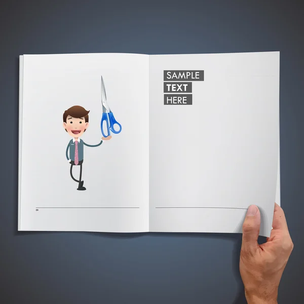 Uomo d'affari con forbice stampata su libro su sfondo blu — Vettoriale Stock
