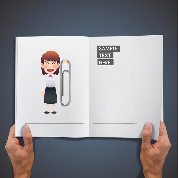 Geschäftsfrau hält einen Clip auf Buch gedruckt — Stockvektor