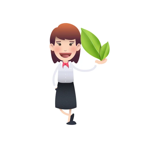 Femme d'affaires tenant une icône écologique sur fond blanc — Image vectorielle