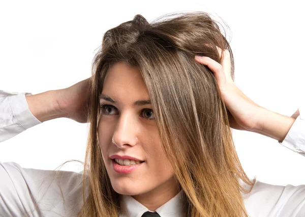 Mulher de negócios bonita frustrado sobre fundo branco isolado — Fotografia de Stock