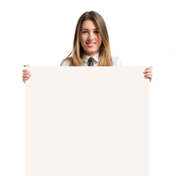 Young businesswoman girl holding placard — Stock Photo, Image
