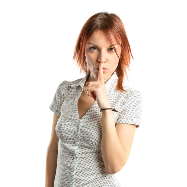 Young girl doing silence gesture over white — Stock Photo, Image