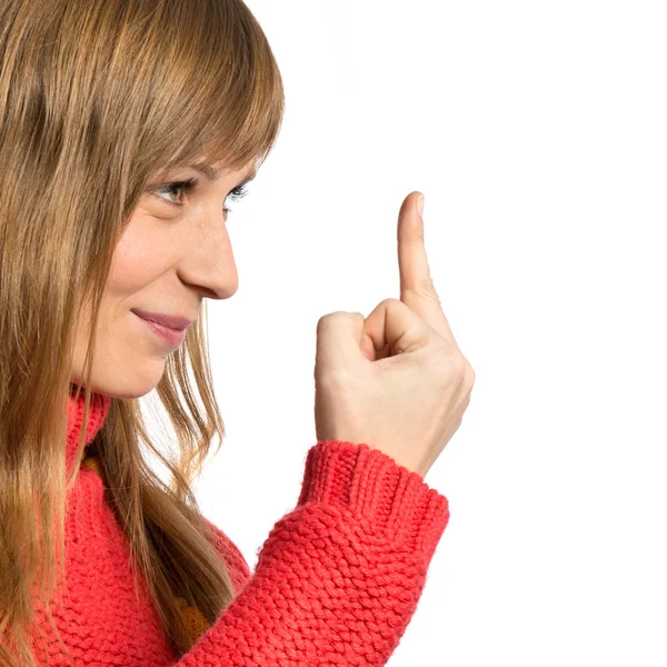 Menina feliz fazendo gesto chifre sobre fundo branco — Fotografia de Stock