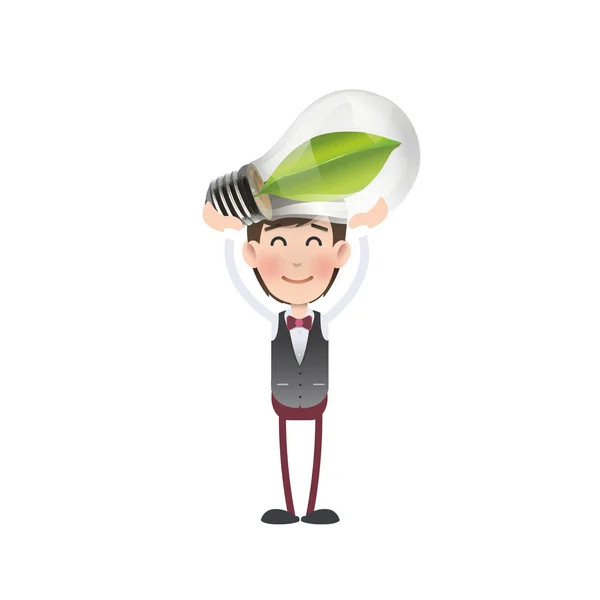 Businessman holding a bulb over white background — Stock Vector