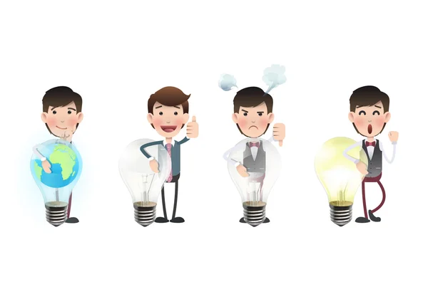 Gli uomini d'affari che tengono lampadine su sfondo bianco — Vettoriale Stock