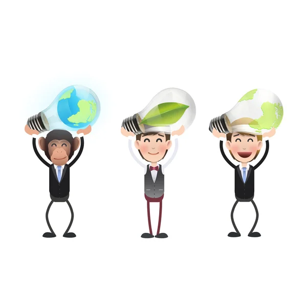 Business people holding ecologic bulbs over white background — Stock Vector