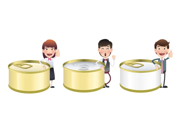 Hommes d'affaires avec boîte de thon sur fond blanc — Image vectorielle