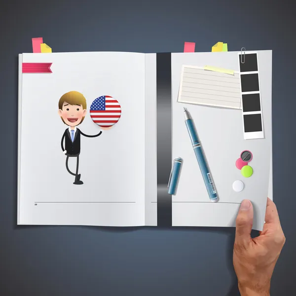 Επιχειρηματίας με ΗΠΑ κουμπί εκτυπώνονται σε βιβλίο — Διανυσματικό Αρχείο