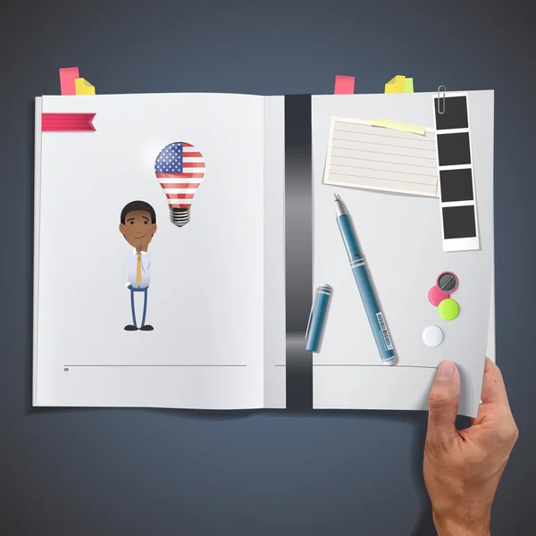 Homme d'affaires avec ampoule USA imprimé sur le livre — Image vectorielle