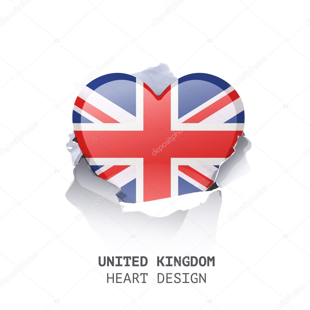 UK heart inside hole paper over white background