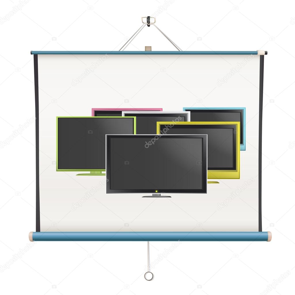 Collection of colorful TV inside projector screen over white background 