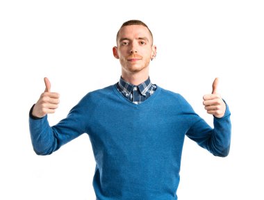 onu başparmak yukarıya beyaz arka plan üzerinde olan adam 