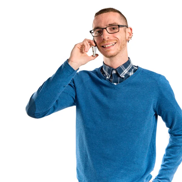 Men talking to mobile over isolated background. — Stock Photo, Image