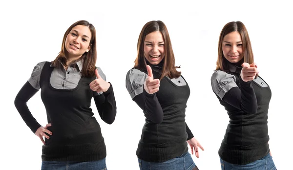 Mujer bonita señalando sobre fondo blanco —  Fotos de Stock