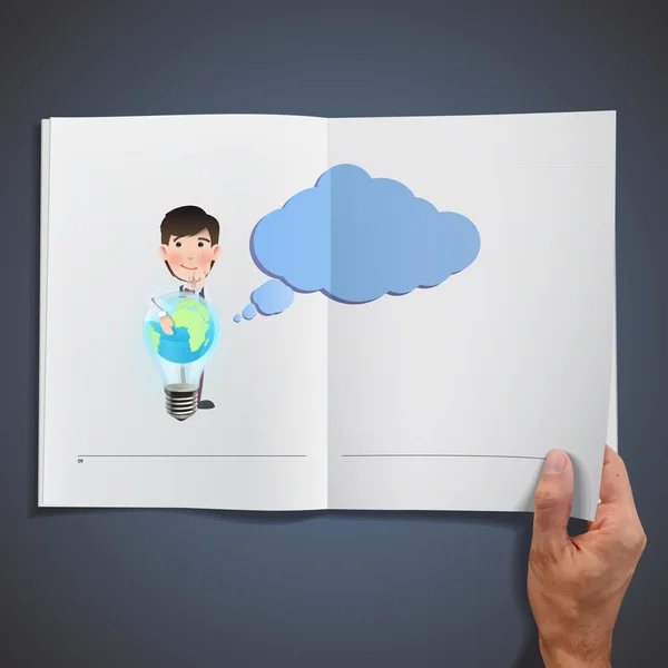 Des hommes d'affaires tenant une ampoule écologique imprimée sur un livre — Image vectorielle
