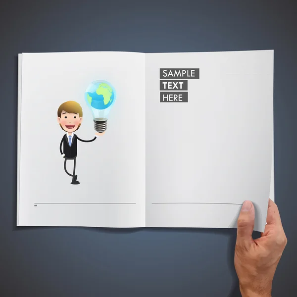 Des hommes d'affaires tenant une ampoule écologique imprimée sur un livre — Image vectorielle