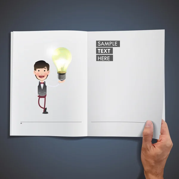 Geschäftsleute halten ökologische Glühbirne auf Buch gedruckt — Stockvektor