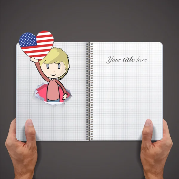 Enfant tenant un drapeau de coeur imprimé sur le livre — Image vectorielle