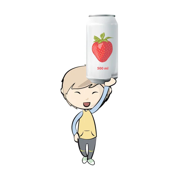 Enfant avec une boîte de jus de fraise. Conception vectorielle — Image vectorielle