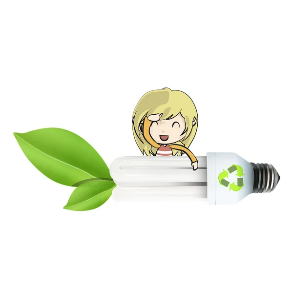 Girl with eco lightbulb isolated over white — Stock Vector