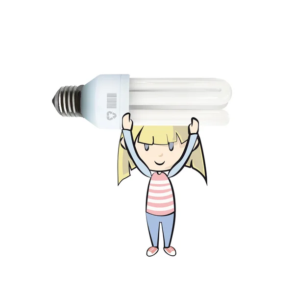 Kid with realistic bulb isolated over white — Stock Vector