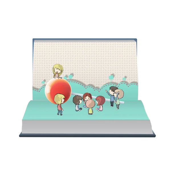 Enfants autour de sucette rouge sur livre ouvert — Image vectorielle