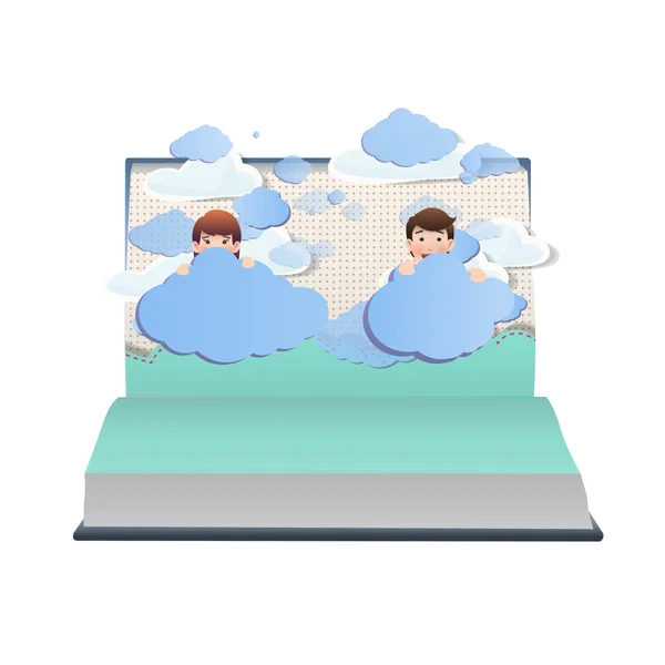 Business people with clouds on open book — Stock Vector