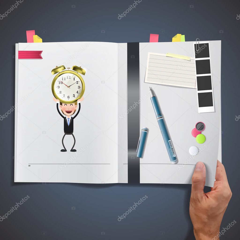Business people with vintage table clock printed on book
