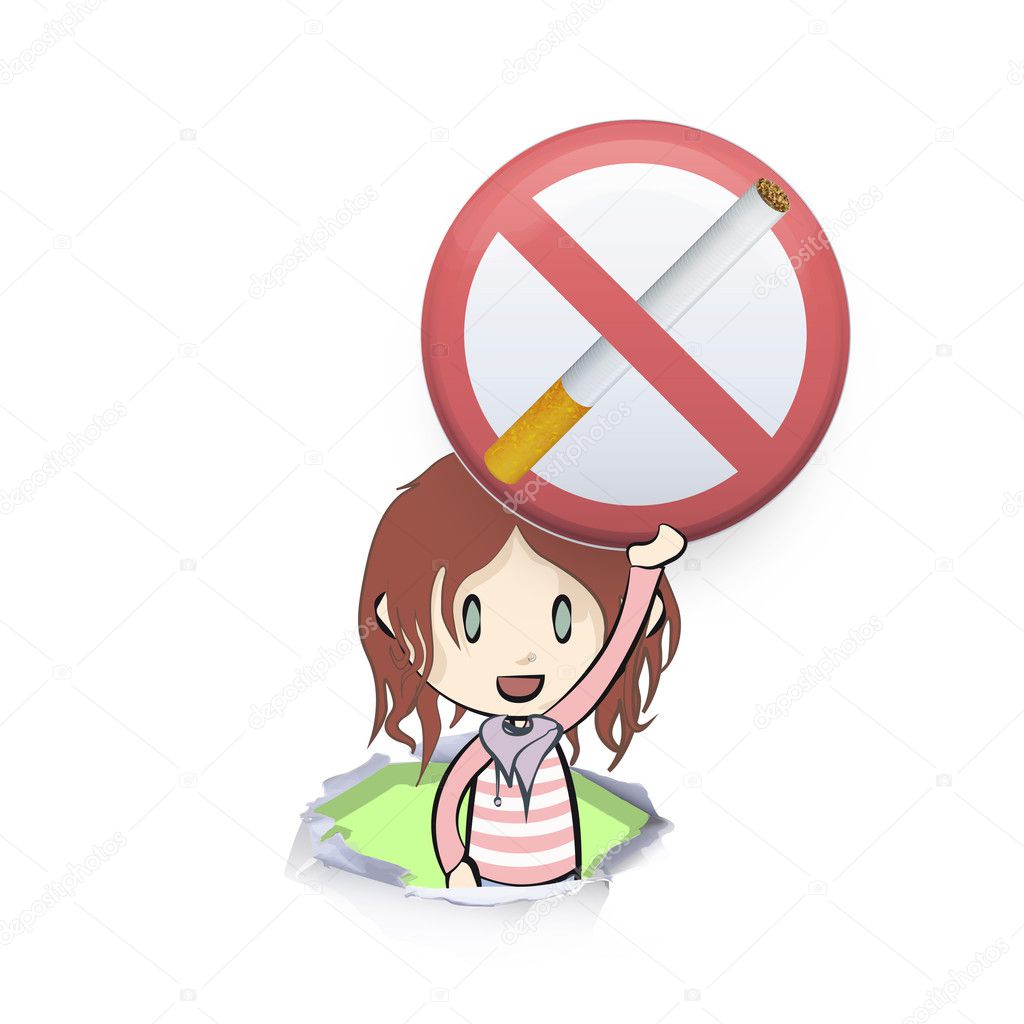 Kid holding prohibited sign of cigarette. Vector background design 