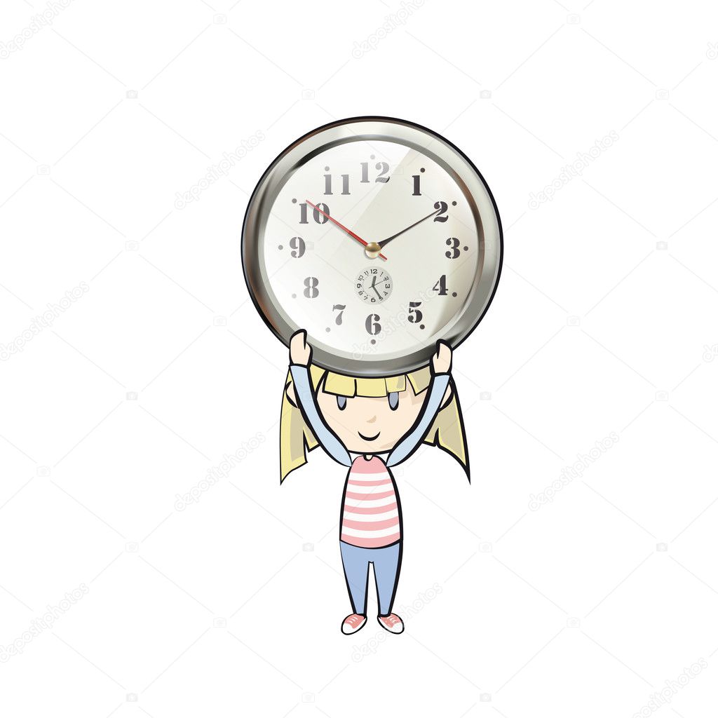 Kid with vintage table clock over white background 