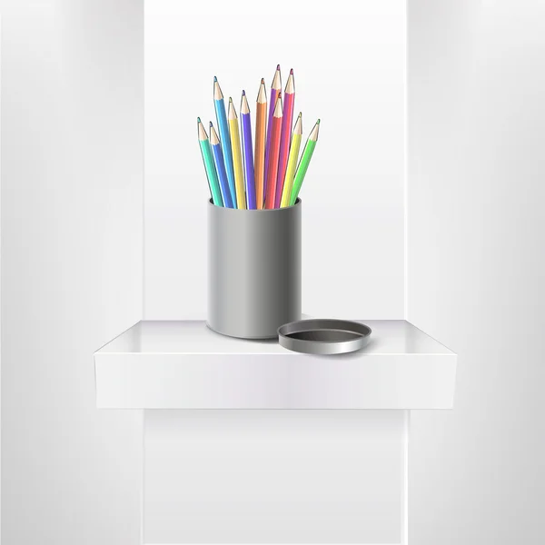 Caja de acero con lápices de colores en estantes. Diseño vectorial . — Vector de stock