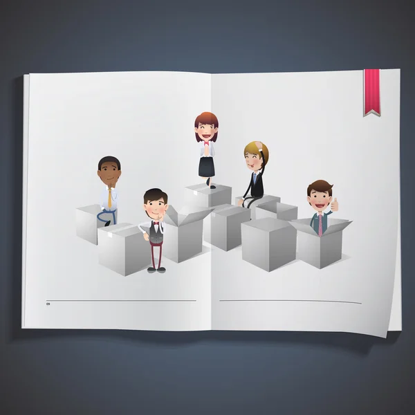 Uomini d'affari con scatole bianche stampate sul libro — Vettoriale Stock