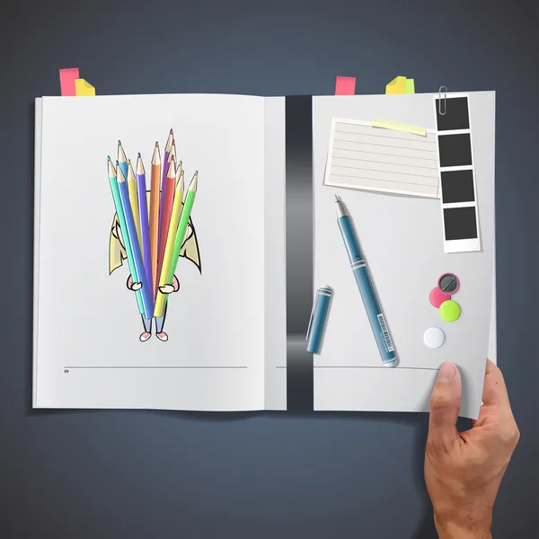 Enfants avec des crayons imprimés sur le livre — Image vectorielle