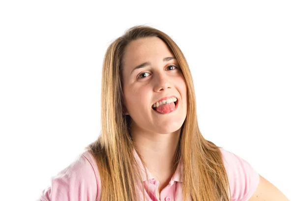 Girl doing a joke over isolated white background — Stock Photo, Image