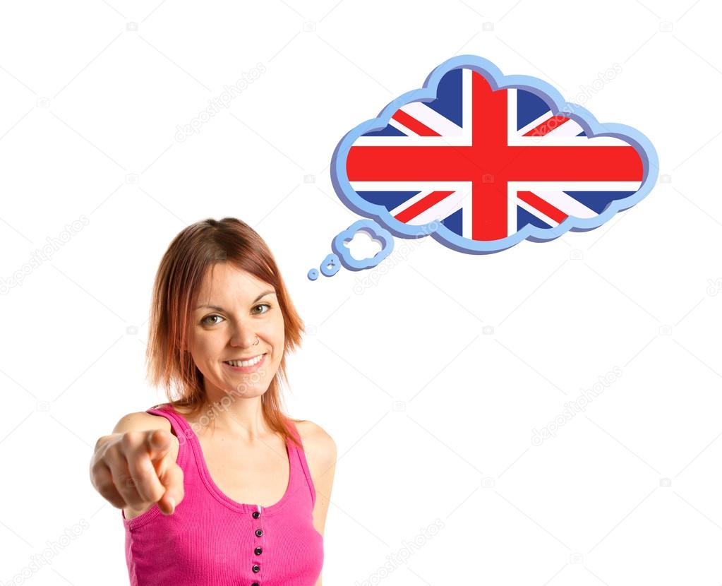 Young girl thinking in learn english over white background 