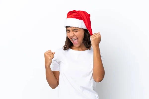 Jovem Mista Celebrando Natal Isolado Fundo Branco Celebrando Uma Vitória — Fotografia de Stock