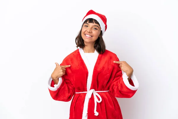 Junge Frau Mit Gemischter Rasse Verkleidet Als Weihnachtsmann Isoliert Auf — Stockfoto