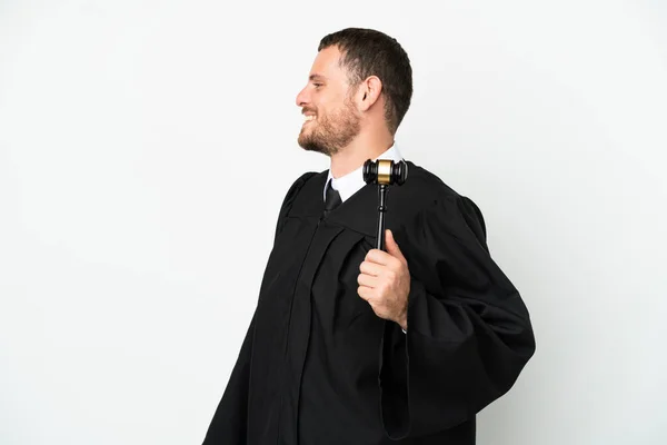Суддя Білий Чоловік Ізольований Білому Тлі Сміється Положенні — стокове фото