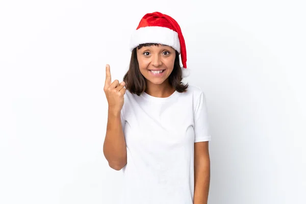 Jovem Mestiça Celebrando Natal Isolado Fundo Branco Apontando Com Dedo — Fotografia de Stock