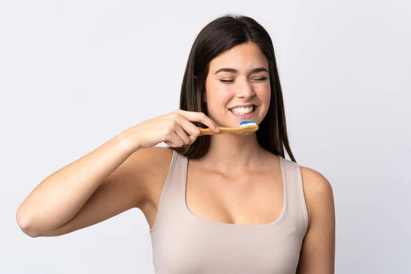 Teenager Brazilian Girl Brushing Her Teeth Isolated White Background — Stock Photo, Image