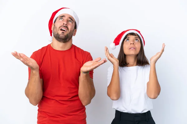 Young Couple Christmas Hat Isolated White Background Frustrated Bad Situation — Stock Photo, Image